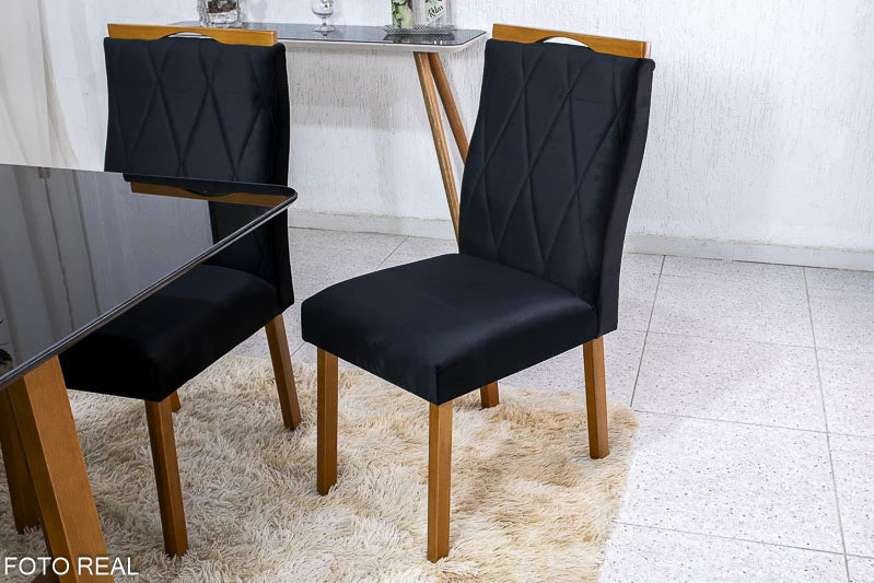 Mesa de Jantar Pedro Mel Tampo Vidro Preto 90×90 4 Cadeiras Lisboa Veludo Preto - Móveis furniture