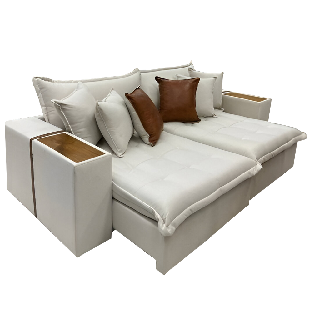 Sofá Cama Tebas 2,52 m Linho Marfim 12/Corino Dallas 07 – INNOVE ESTOFADOS