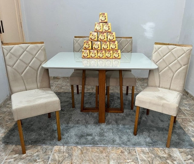 Mesa Pedro 120 Mel/Off White com 4 Cadeiras Stella Veludo Bege - Móveis furniture