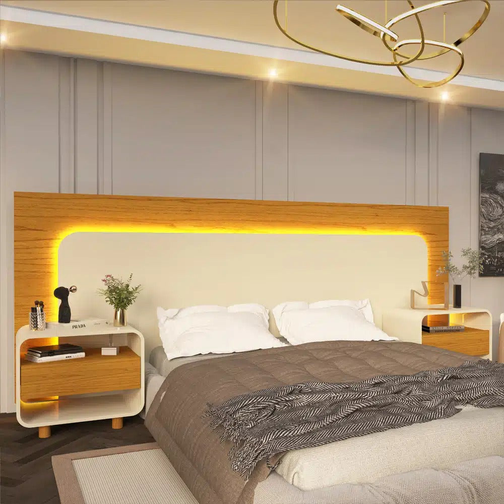 Cabeceira Box Innova 140 160 195 com LED e 2 Mesas de Cabeceira Naturale.Off White Gelius - Móveis furniture