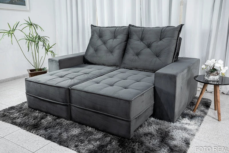 Sofá Retrátil Reclinável Berlim 2.10m Veludo Cinza Escuro 814 - D33 e Molas Ensacadas - Móveis furniture