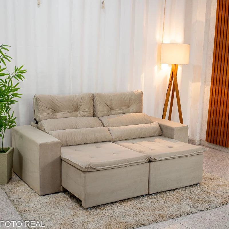 Sofá Retrátil Reclinável Bia 1.95m Veludo Bege - D28