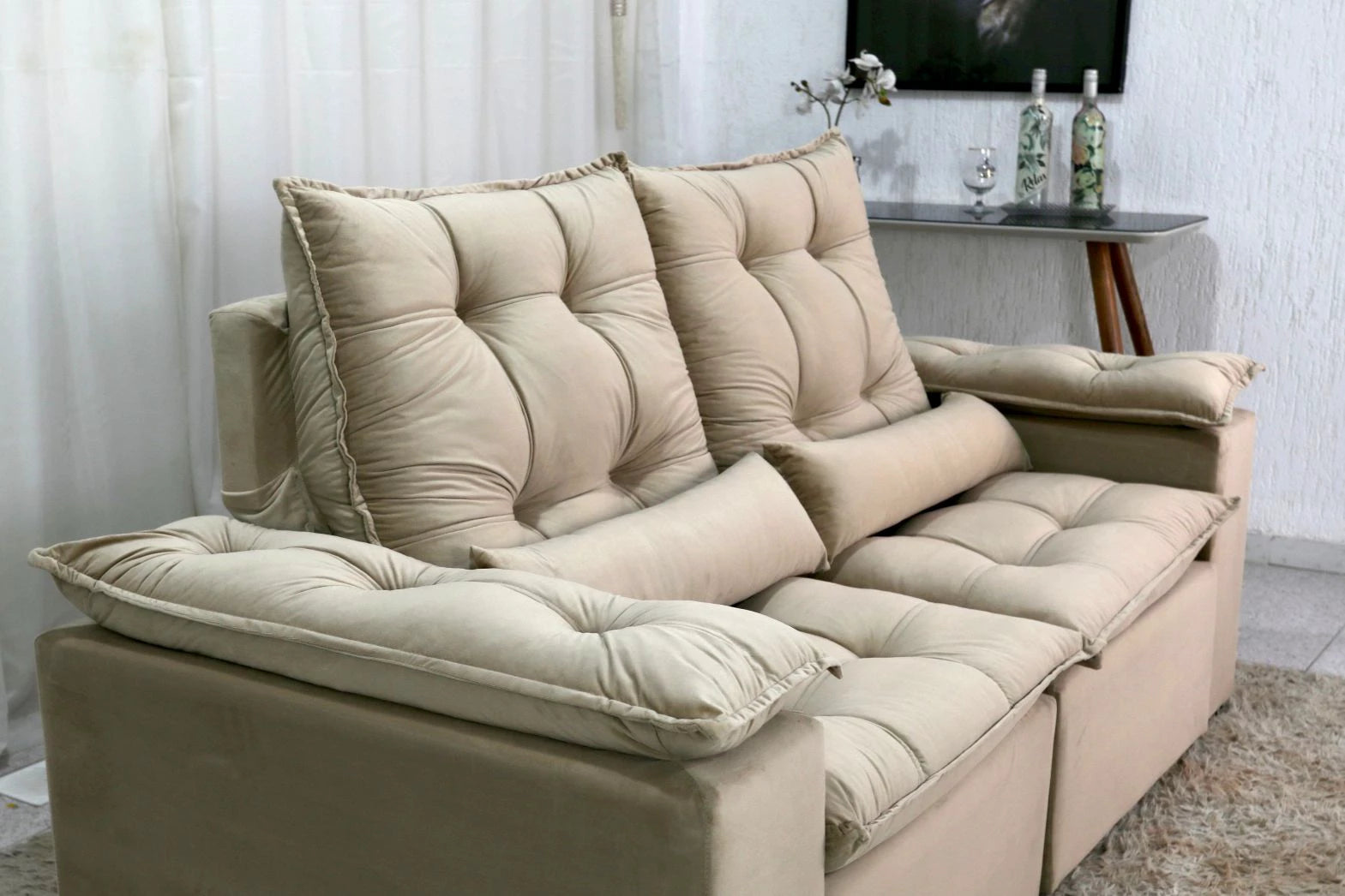 Sofá Retrátil Reclinável 3 Lug. GRUFER 2.00m Veludo Bege - Móveis furniture