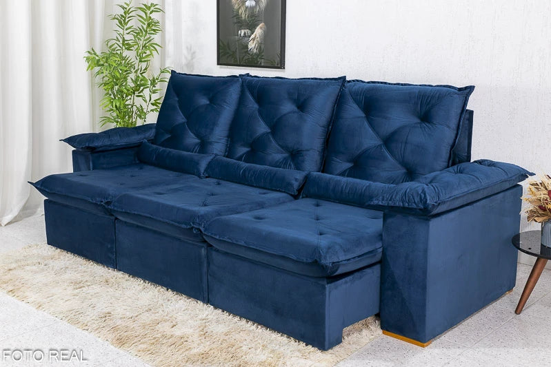 Sofá Retrátil Reclinável 2.70m Roma Veludo Azul 03 - D28 Soft - Móveis furniture