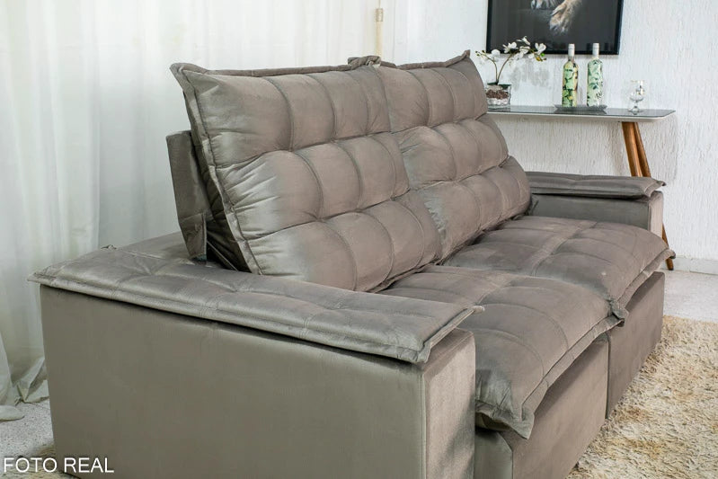 Sofá Retrátil Reclinável Atenas 2.10m Veludo Cinza 813 D33 e Molas Ensacadas - Móveis furniture