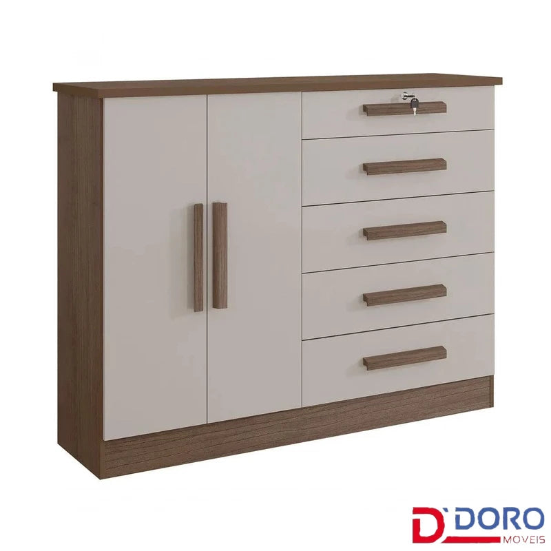 Cômoda New Athos Castanho/Off 5 Gavetas e Sapateira Larg. 1.36m - D Doro