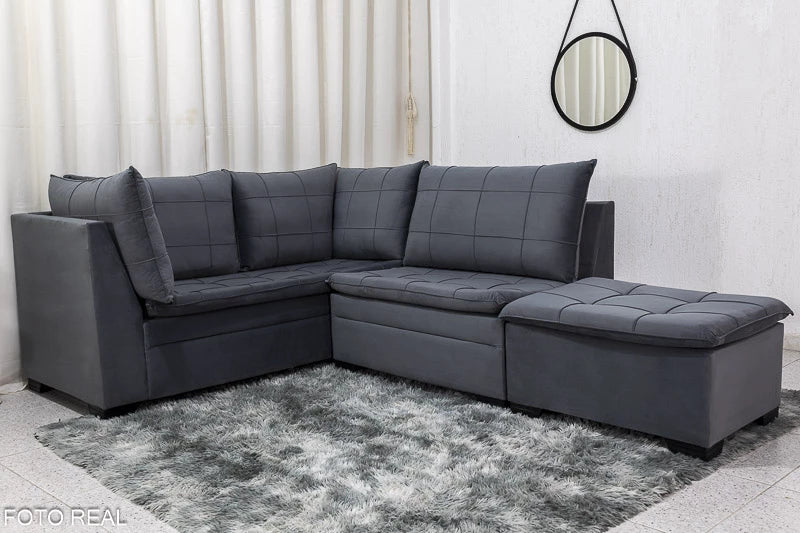Sofá Canto 5 lugares com Puff Viena Veludo Grafite - Móveis furniture