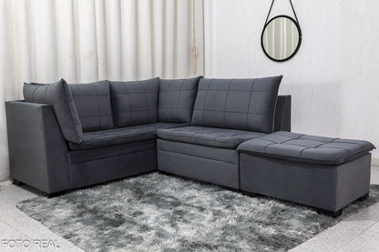 Sofá Canto 5 lugares com Puff Viena Veludo Grafite - Móveis furniture