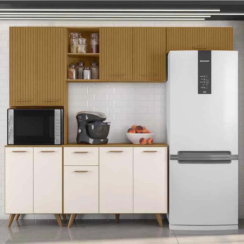 Armário Cozinha Olinda Ripado 3D 4 Peças Paneleiro + Aéreo 1.20m + Balcão e Aéreo de Geladeira Freijó/Off Poliman - Móveis furniture