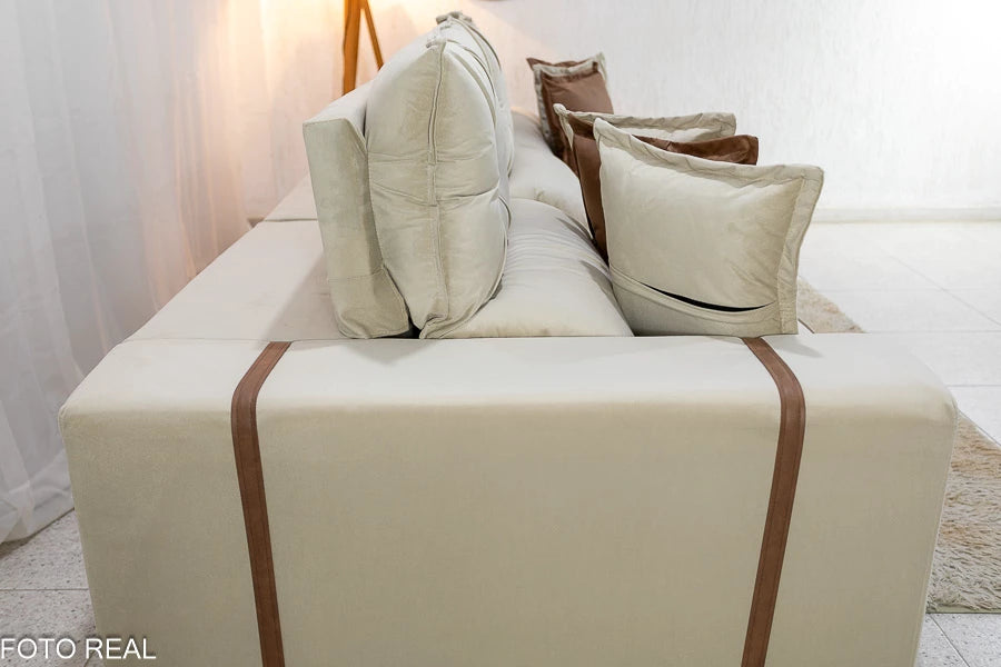 Sofá Retrátil Reclinável Gran Bello 3.20m Veludo Bege - D33 e Molas Ensacadas