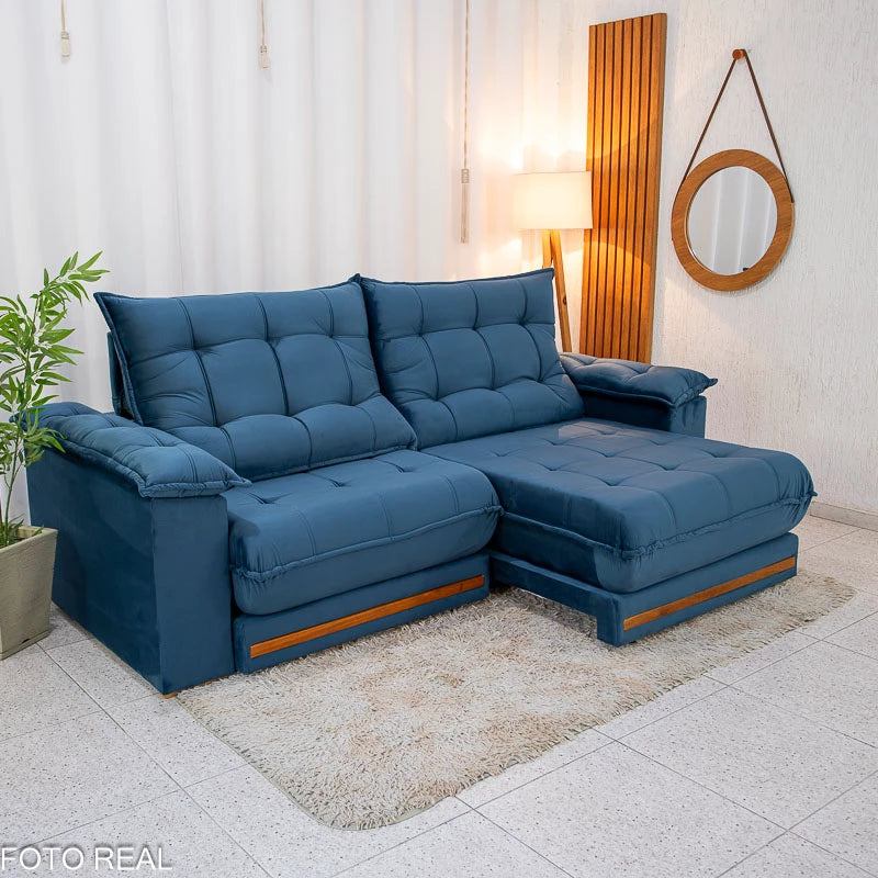 Sofá Retrátil Reclinável Barcelona 2.30m Veludo Azul - D33 e Molas Ensacadas