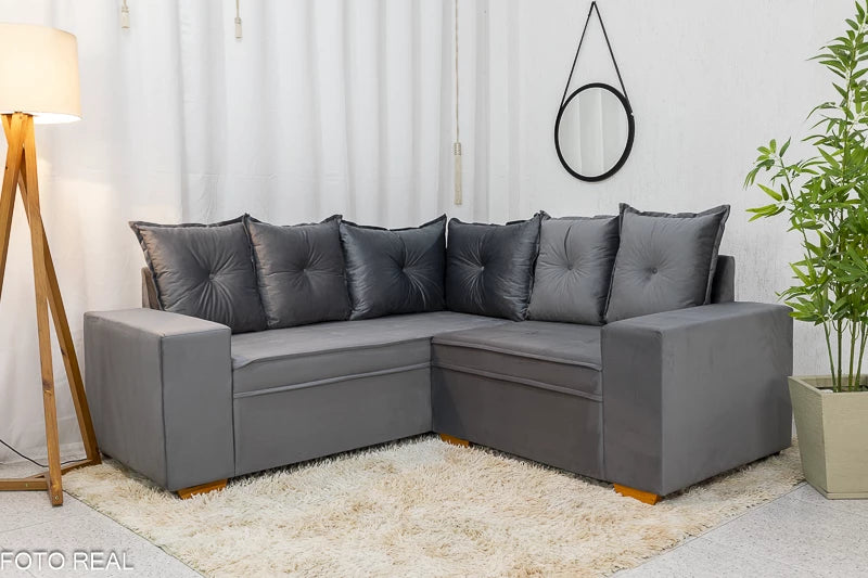 Sofá Canto 5 lugares Cuiabá Veludo Cinza - Móveis furniture