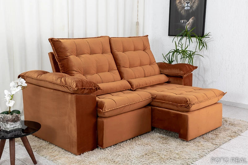 Sofá Retrátil Reclinável 2.90m Emanuelly Veludo Terracota - Móveis furniture