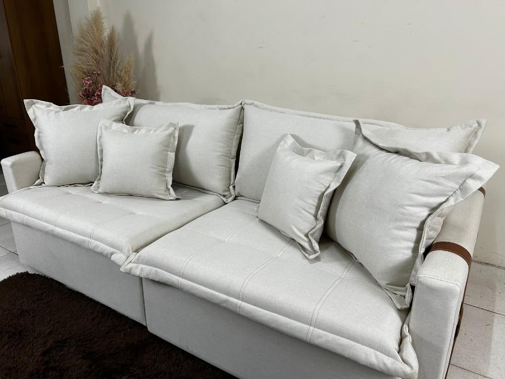 Sofá Cama Retrátil Reclinável Esparta 2.20m – Bege Linho / Marrom Courino - Móveis furniture