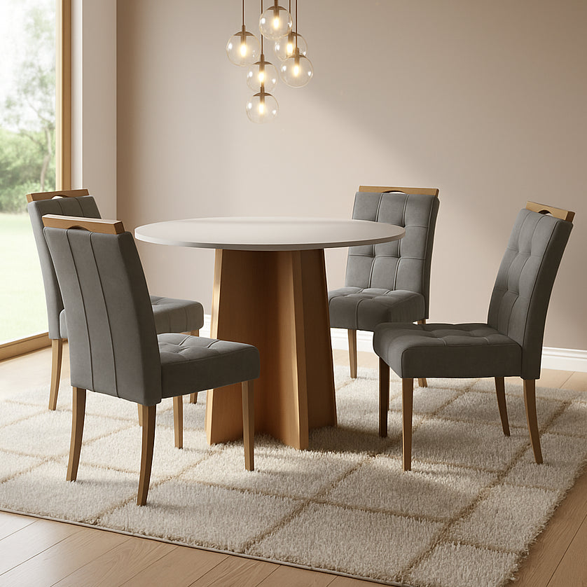 Mesa Redonda Celebrare 100 Amêndoa Clean/Off White com 4 Cadeiras Sophia Veludo Cinza Grafite – LOPAS + WM DECOR