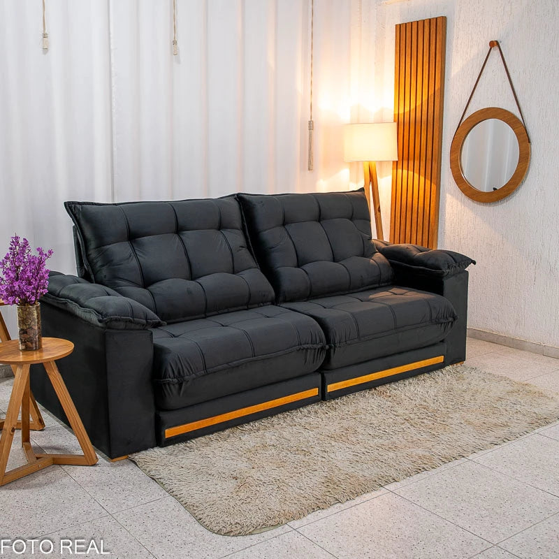 Sofá Retrátil Reclinável Barcelona 2.30m Veludo Preto - D33 e Molas Ensacadas