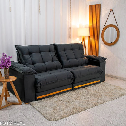Sofá Retrátil Reclinável Barcelona 2.30m Veludo Preto - D33 e Molas Ensacadas