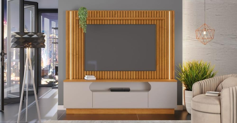 Estante Afago Para TV 65 Polegadas Ripado Com LED Cinamomo Off White JCM - Móveis furniture