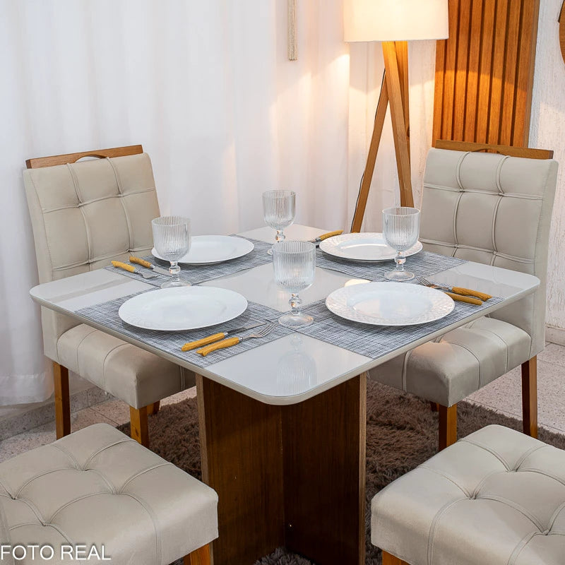 Mesa de Jantar Moscou 90x90 Cinamomo/Off Tampo Vidro Off 4 Cadeiras Londres Veludo Avelã Madeira Maciça Minas Plac -