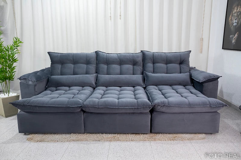 Sofá Retrátil Reclinável Kapri 3.20 Veludo Cinza 533 Molas Bonnel e Poliéster Siliconado - Móveis furniture