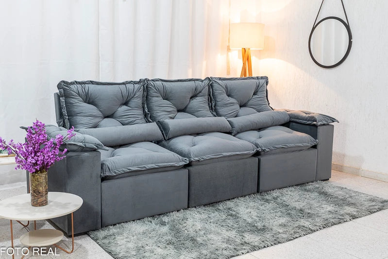 Sofá Retrátil Reclinável 2.70m Texas Veludo Cinza - Móveis furniture