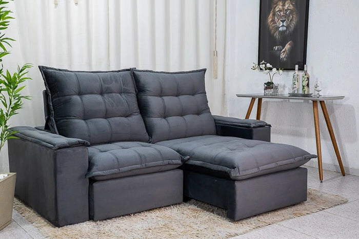 Sofá Retrátil Reclinável Atenas 2.10m Veludo Cinza D33 e Molas Ensacadas - Móveis furniture