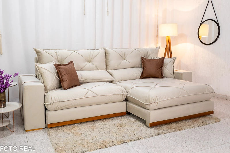 Sofá Retrátil Reclinável Gran Bello Veludo Bege Larg. 2.90m - D33 e Molas Ensacadas