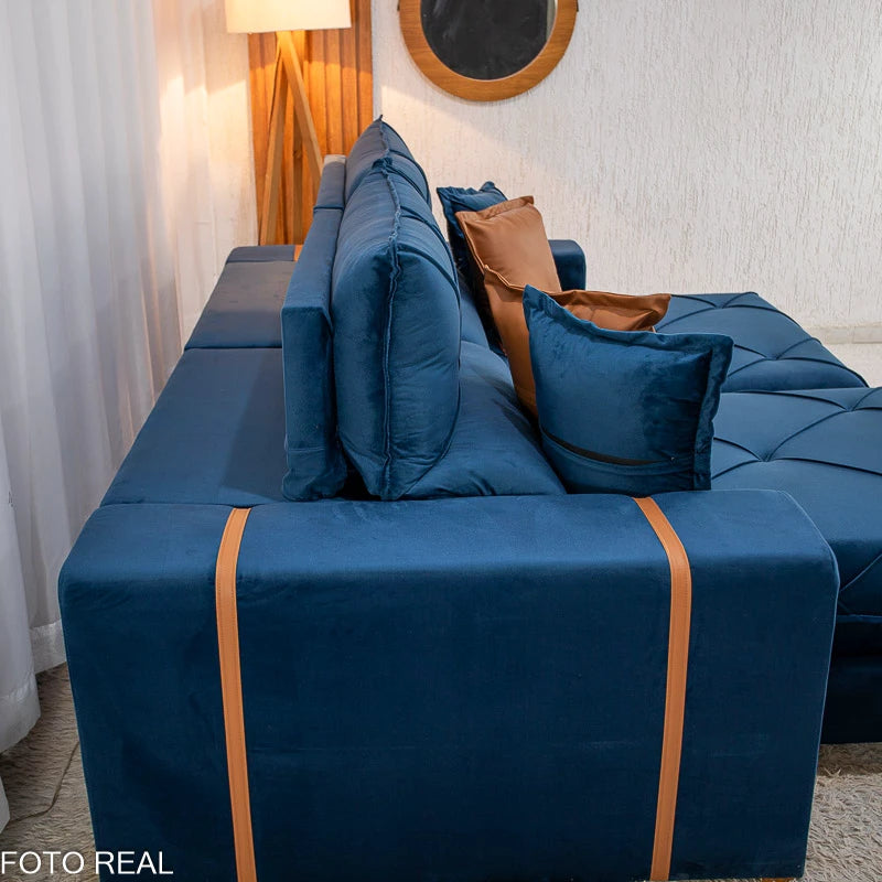 Sofá Retrátil Reclinável Gran Bello 2.30m Veludo Azul 03 - Molas Ensacadas Pocket