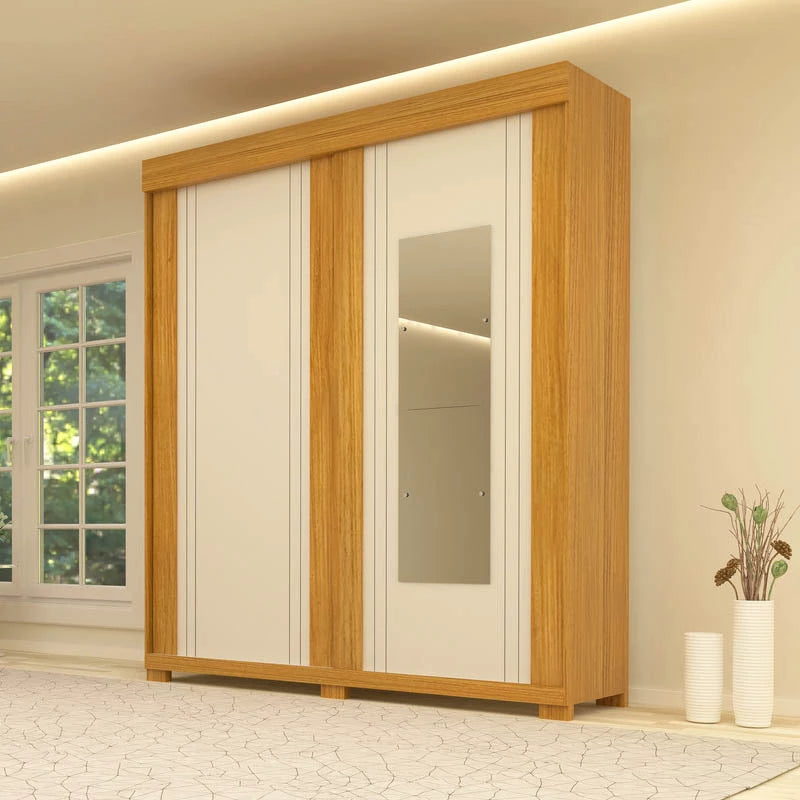 Roupeiro Heloisa c/Espelho 2 Portas 3 Gavetas 100% MDF Larg. 1.80m Nature/Off ACP - Móveis furniture