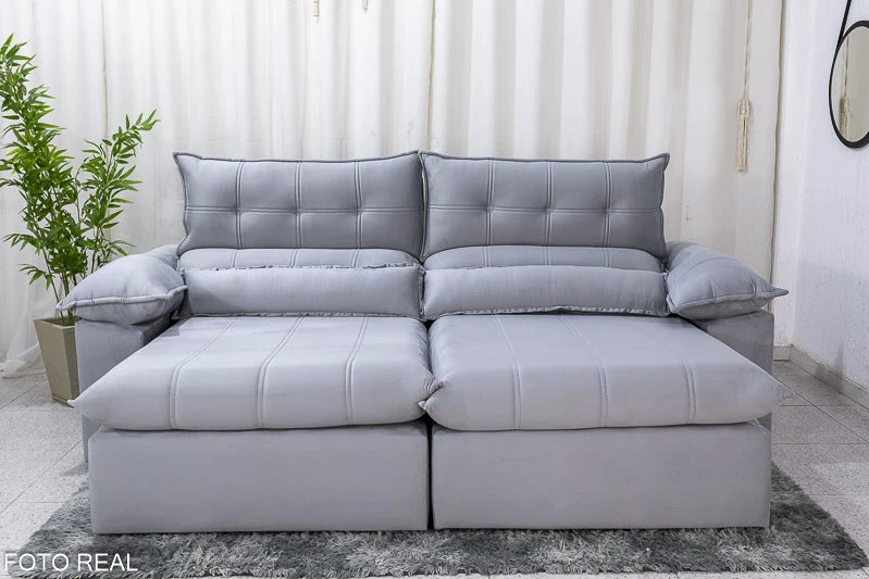 Sofá Retrátil Reclinável 2.50m Lenon Veludo Prata - D28 Soft e Molas Ensacadas - Móveis furniture
