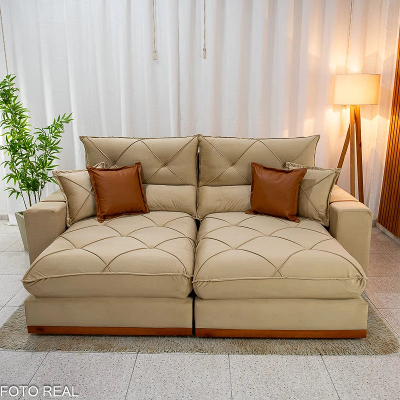 Sofá Retrátil Reclinável 2.50m Gran Bello Veludo Bege - D33 e Molas Ensacadas