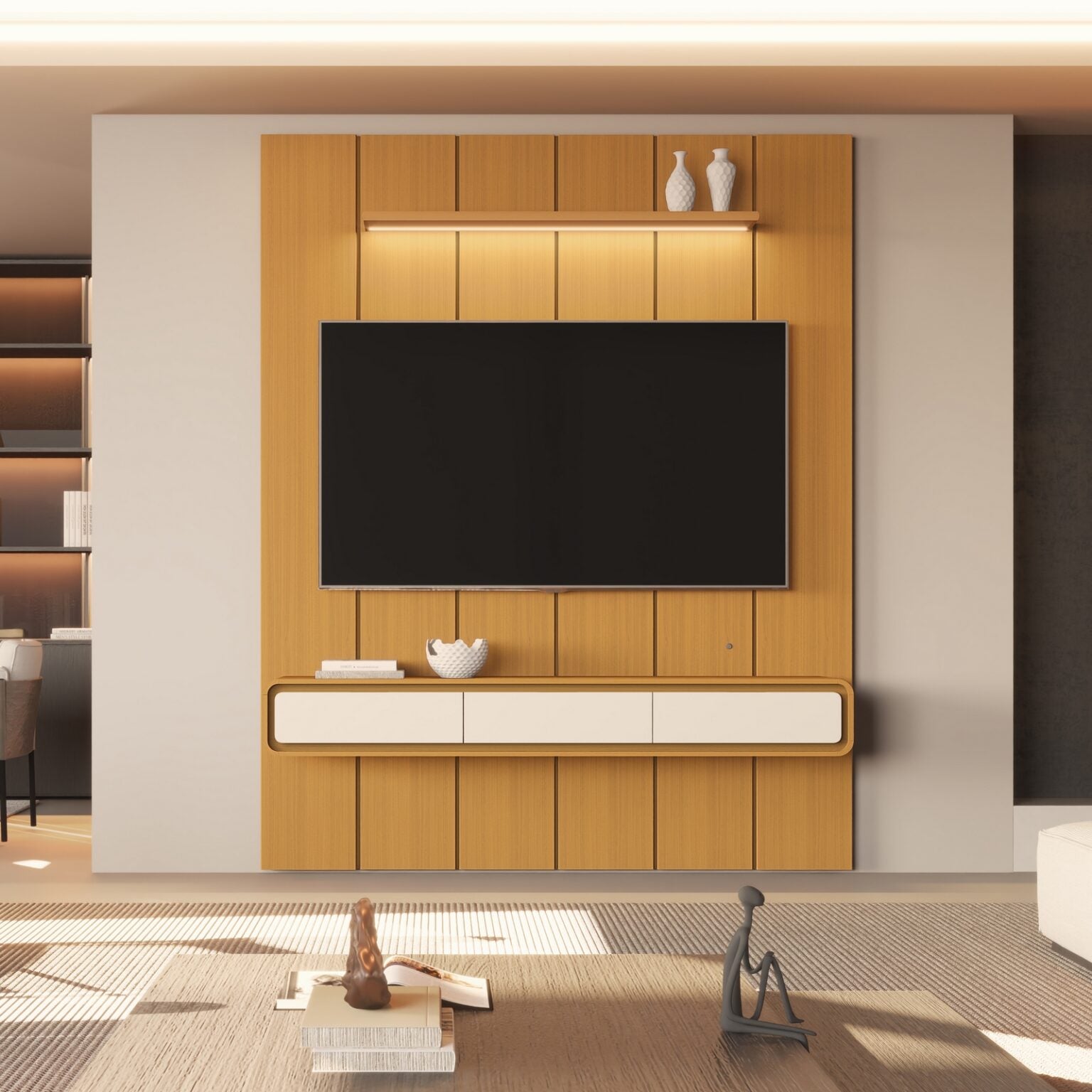 Painel até 75″ Lumi 1,88 m Cedro + Nicho Liv 1,80 Cedro/Off White – EDN MÓVEIS