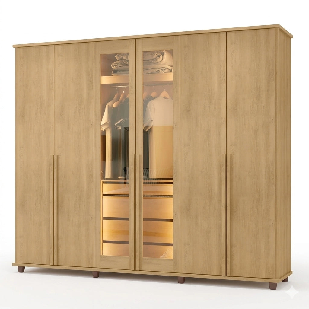 Guarda Roupa Belgica Casal com Led 6 Portas 4 Gavetas Rv Móveis CINAMOMO