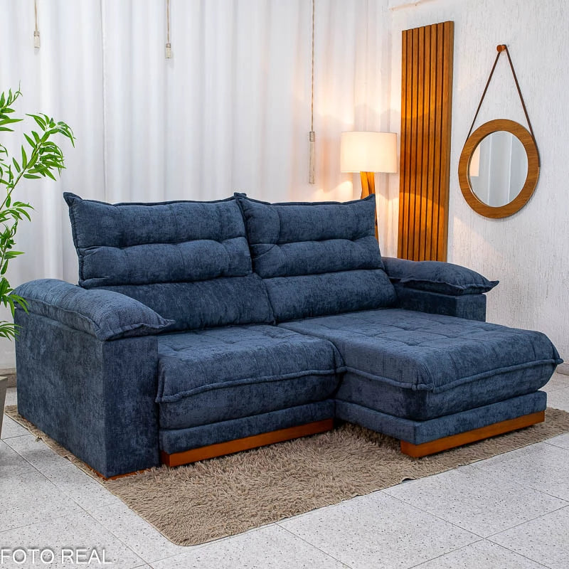 Sofá Retrátil Reclinável Itauna 2.30m Chenille Azul 575 D28 Soft - Molas Ensacadas