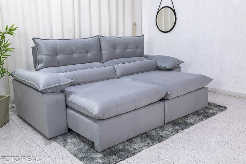 Sofá Retrátil Reclinável 2.50m Lenon Veludo Prata - D28 Soft e Molas Ensacadas - Móveis furniture