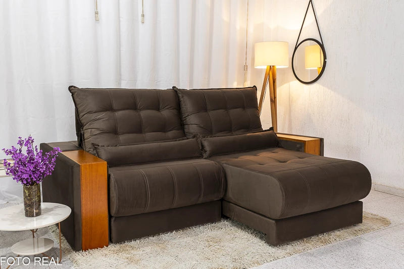 Sofá Retrátil Reclinável 2.30m Gênova Veludo Marrom  - Molas Ensacadas