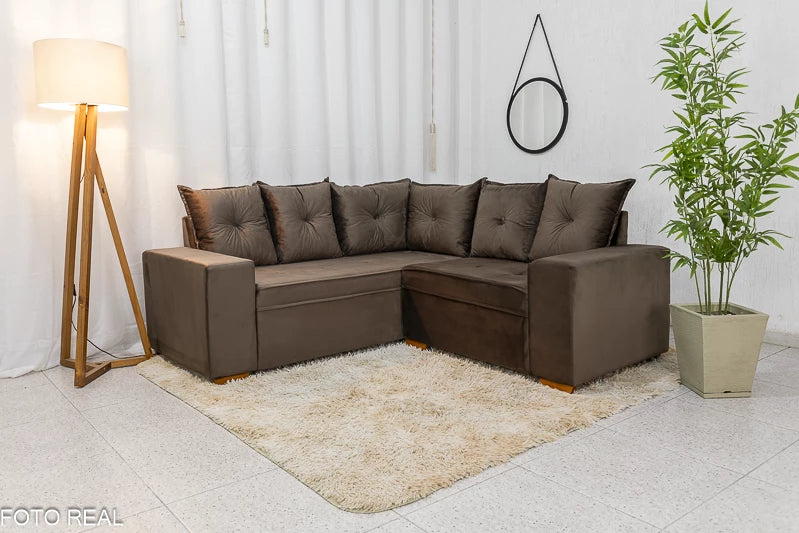 Sofá Canto 5 lugares Cuiabá Veludo Marrom - Móveis furniture