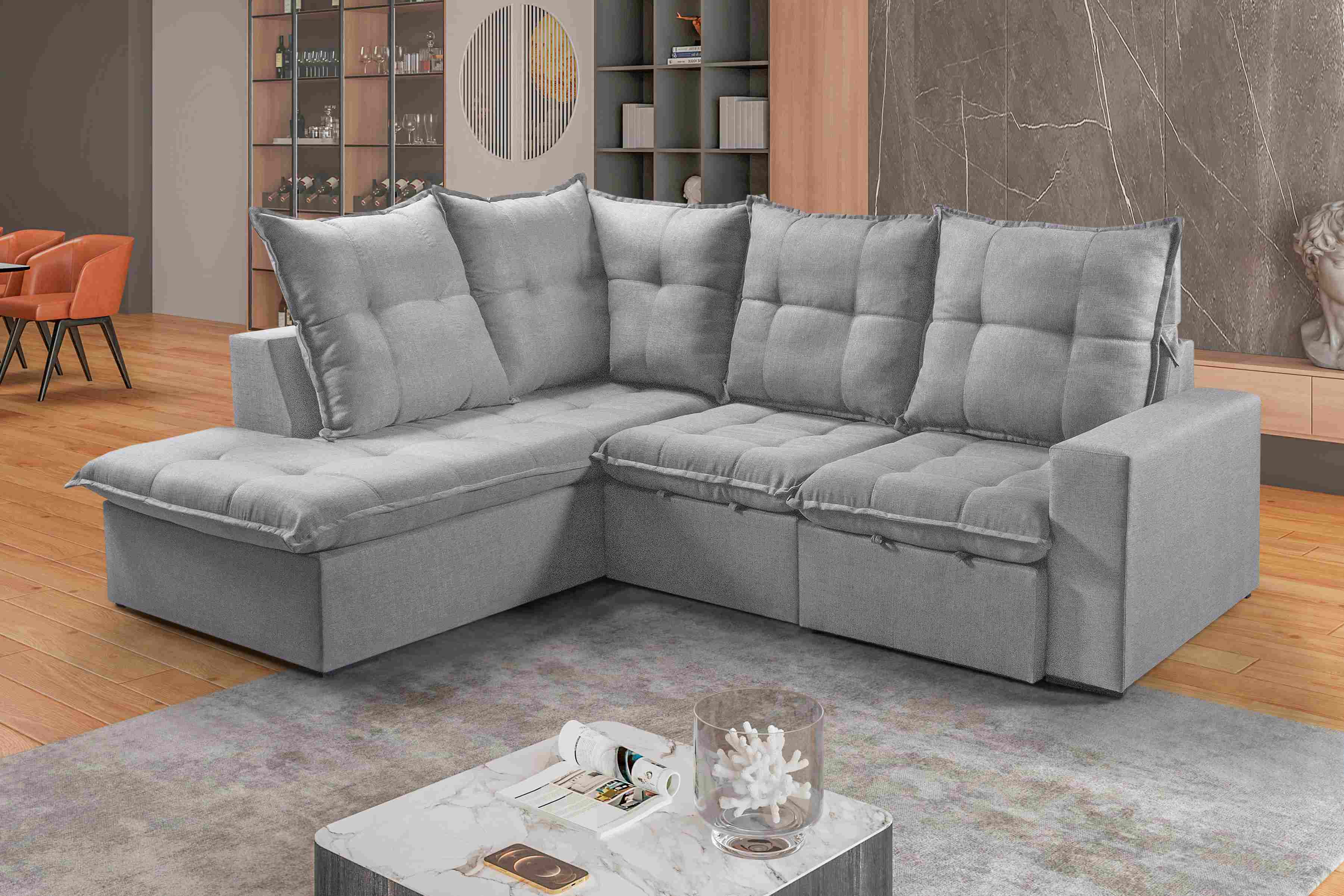 Estofado Retr Reclinavel Colatina 260 2x70 com Chaise 100 Linho Cinza - Móveis furniture
