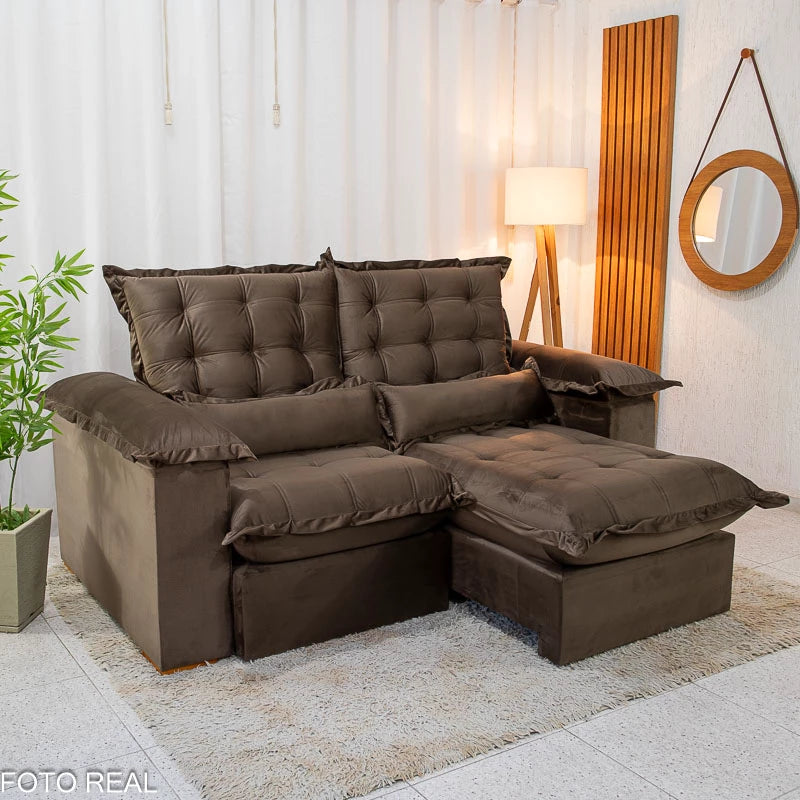 Sofá Retrátil Reclinável Maldivas 2.10m Veludo Marrom A17 - Espuma Pró Aditivada