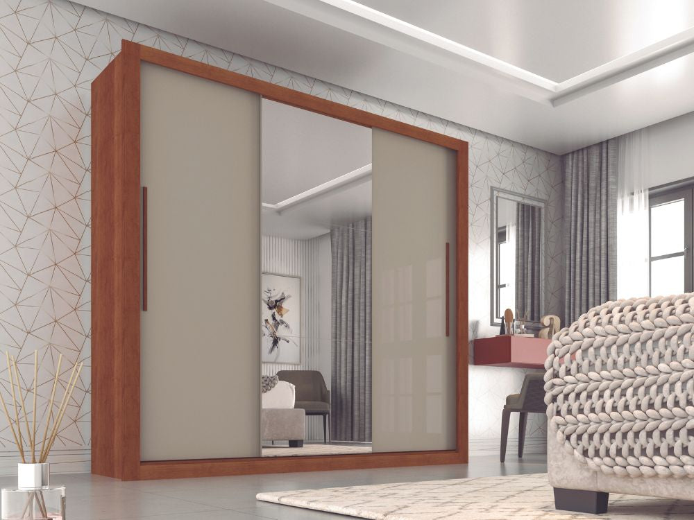 Guarda-Roupa Panamá 3 portas de correr flex com 1 espelho – Cinamomo/Off White - Móveis furniture