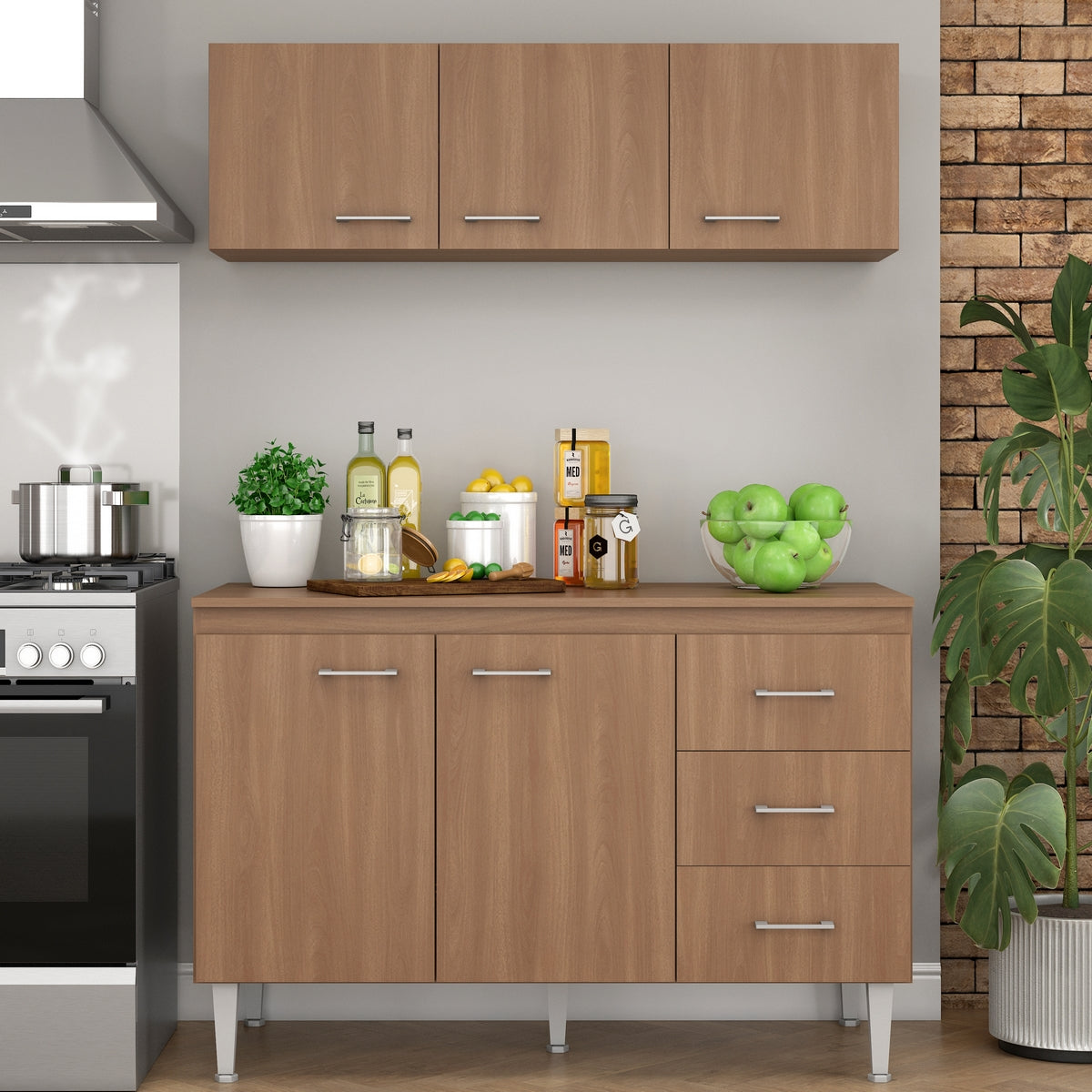 Armário Aéreo 3 portas Ipanema + Balcão(Tampo Comum)Copacabana Manchester – FELLICCI - Móveis furniture