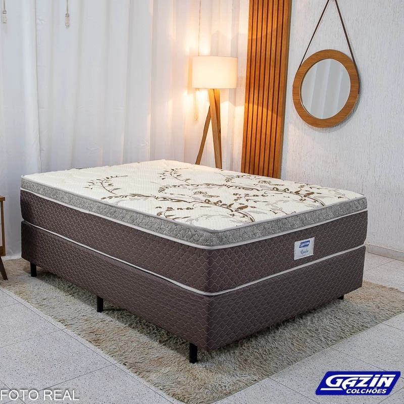 Box Casal Universal Marrom Bordado + Colchão Opala Casal 138x188x72 Molas Ensacadas - Gazin