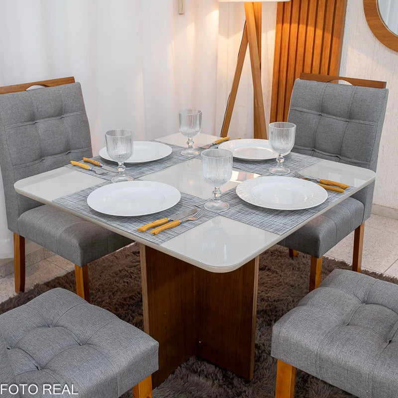 Mesa de Jantar Moscou 90x90 Cinamomo/Off Tampo Vidro Off 4 Cadeiras Londres Linho Cinza Madeira Maciça Minas Plac
