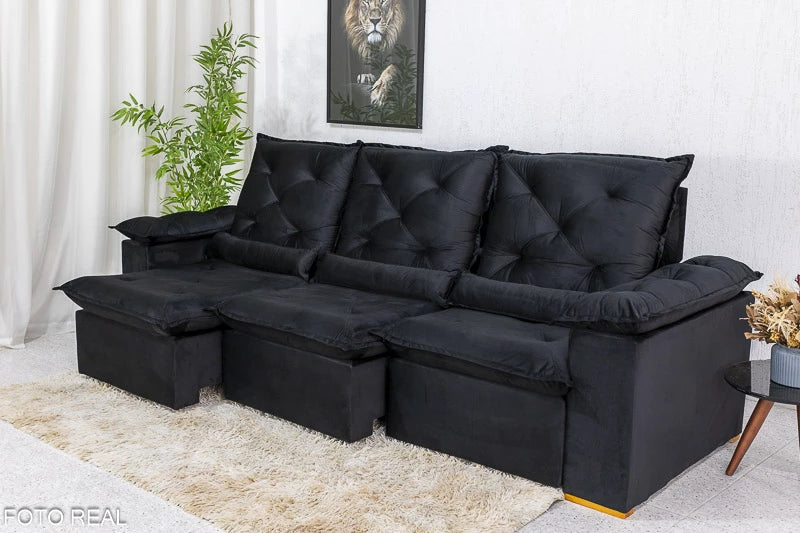 Sofá Retrátil Reclinável 2.70m Roma Veludo Preto 21 - D28 Soft - Móveis furniture
