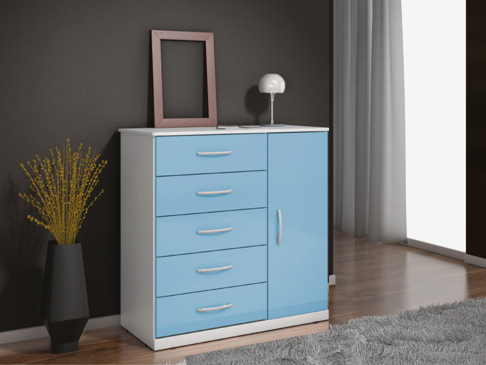 Cômoda 5 gavetas 1 porta Ref.: 012 – Branco/Azul - Móveis furniture