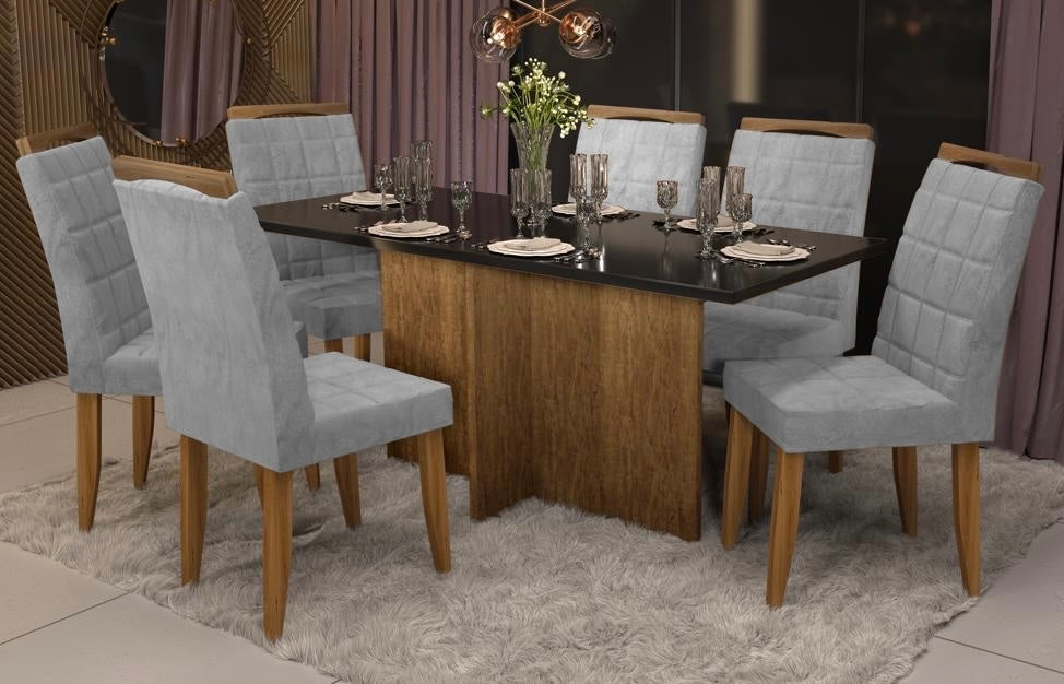 Mesa Los Angeles Canto Reto 80×160 cm com 6 Cadeiras Las Vegas Canela/Preto - Móveis furniture
