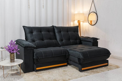 Sofá Retrátil Reclinável Barcelona 2.30m Veludo Preto - D33 e Molas Ensacadas