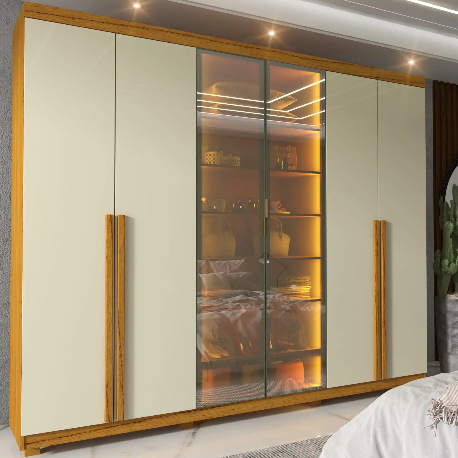 Roupeiro Imperatriz 6P sendo 2 Vidro Reflecta com LED e Pes Naturale.Off White Gelius - Móveis furniture