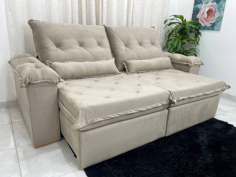 Sofá Retrátil Reclinável Valência 2.50m – Bege Veludo - Móveis furniture