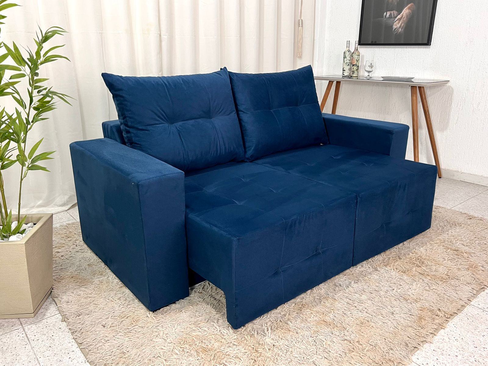Sofá Retrátil 3 Lugares Havaí Larg.1.80m Veludinho Azul 18 - Móveis furniture